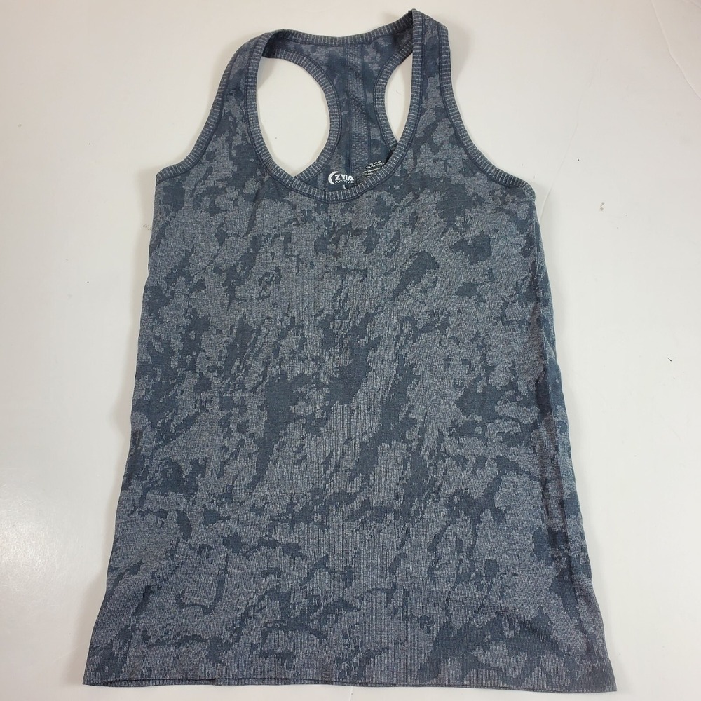 Zyia Activewear Women's tank Size Large Gray Camouflage Seamless Racerbank